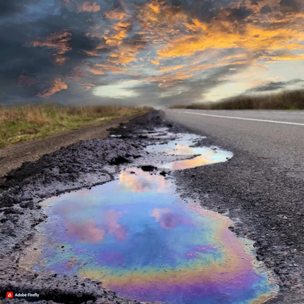 image generated by adobe firefly of an oil spill on the side of the road.