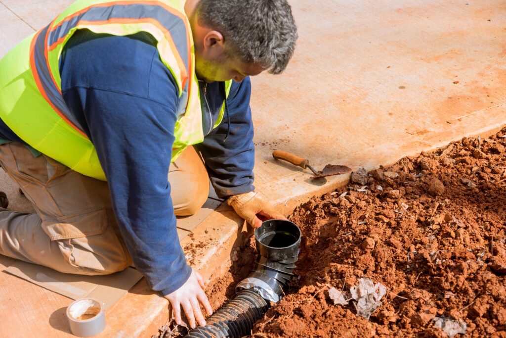 plumber laying pipe for rainwater runoff