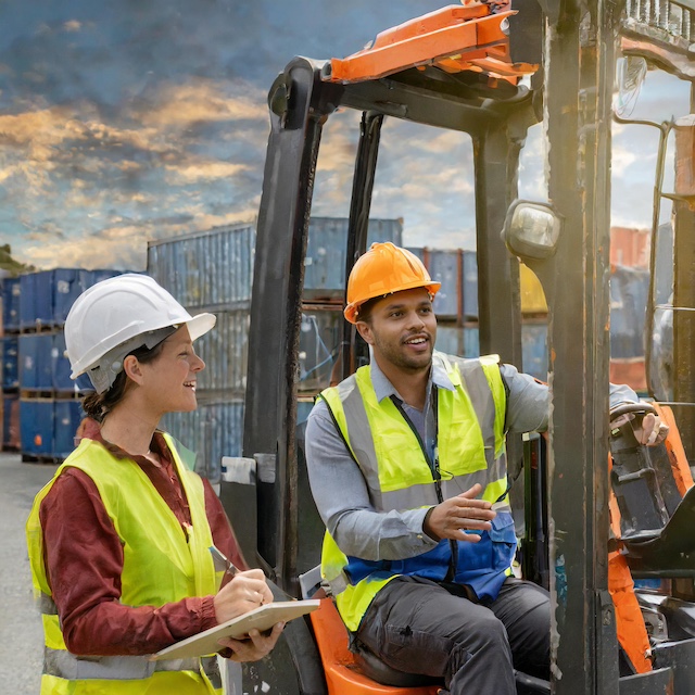 Two people in high vis and hard hats, one driving a forklift and the other walking along side, teaching them