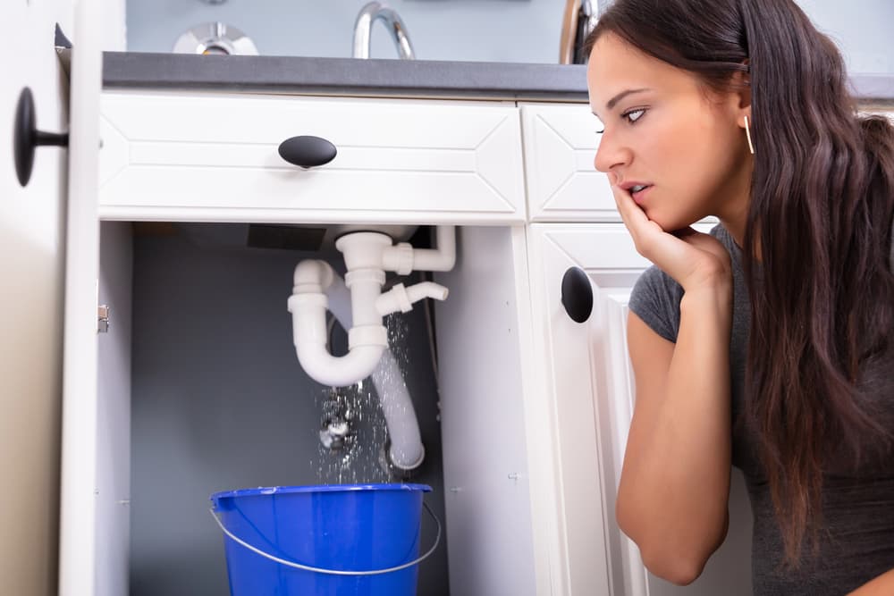 Young Woman Collecting Leakage Water In Bucket At Kitchen