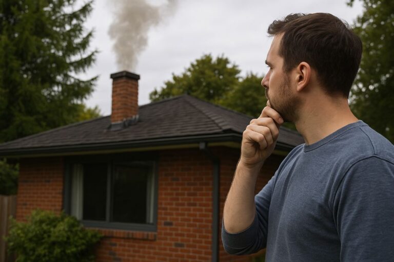 A man observing smoke from a residential chimney on an overcast day, highlighting fireplace emissions and air quality concerns.