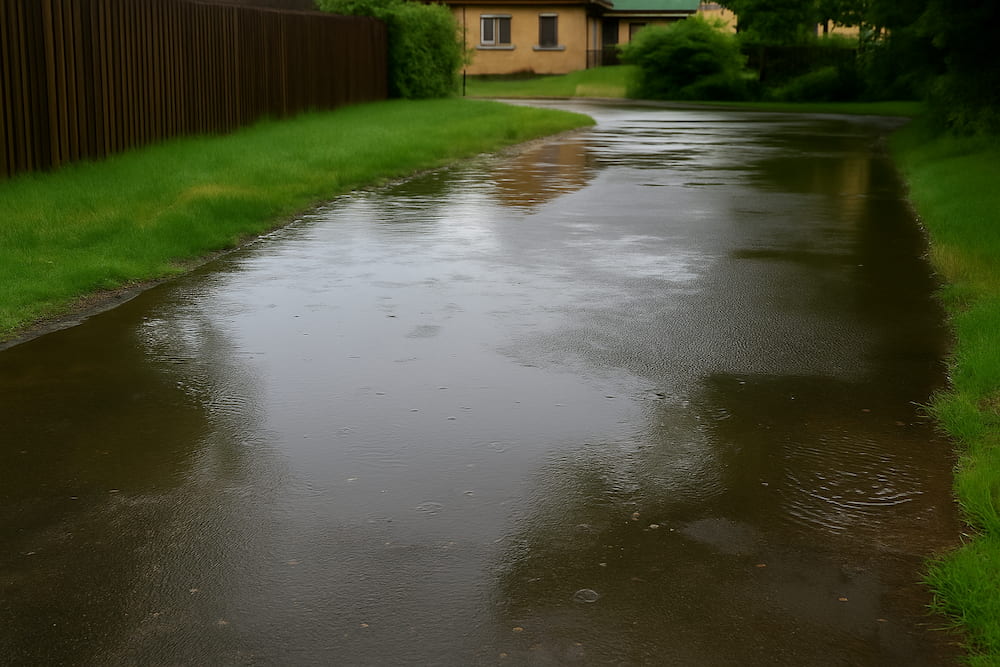 A residential driveway and lawn with standing stormwater after heavy rain, showing poor drainage and surface flooding.