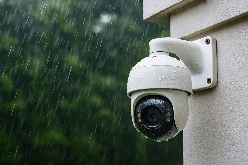 An outdoor security camera mounted on a building during heavy rain in a lush, green area, illustrating environmental impact on camera durability.