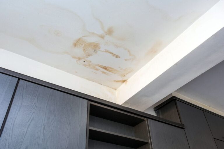 A ceiling water stain from a roof leak inside a home, representing one of the toughest challenges homeowners face.