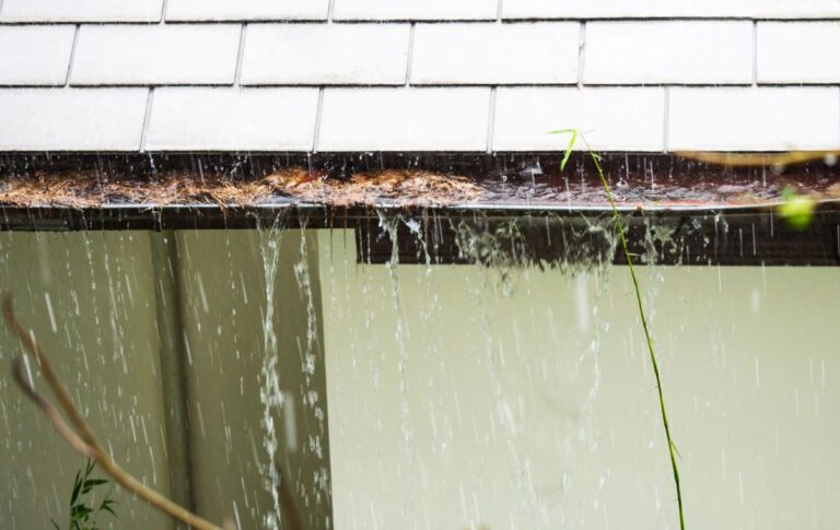 A close-up view of a home's clogged gutter in the rain.