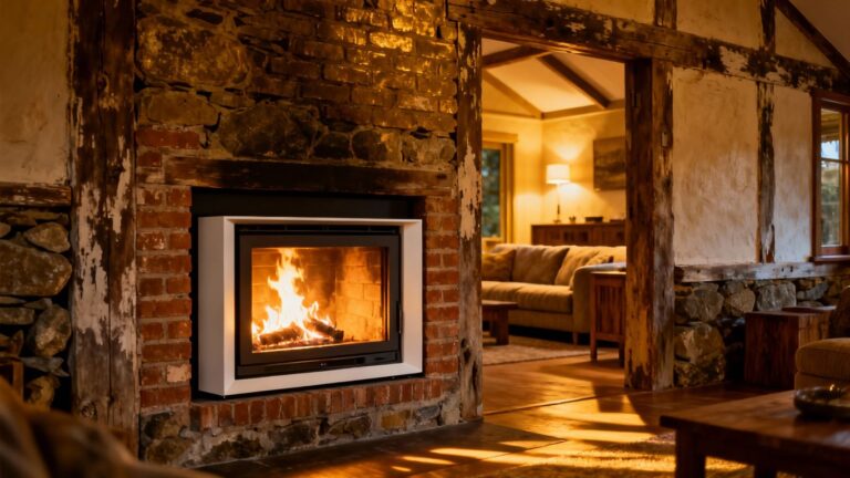 Modern fireplace insert in old NZ home.