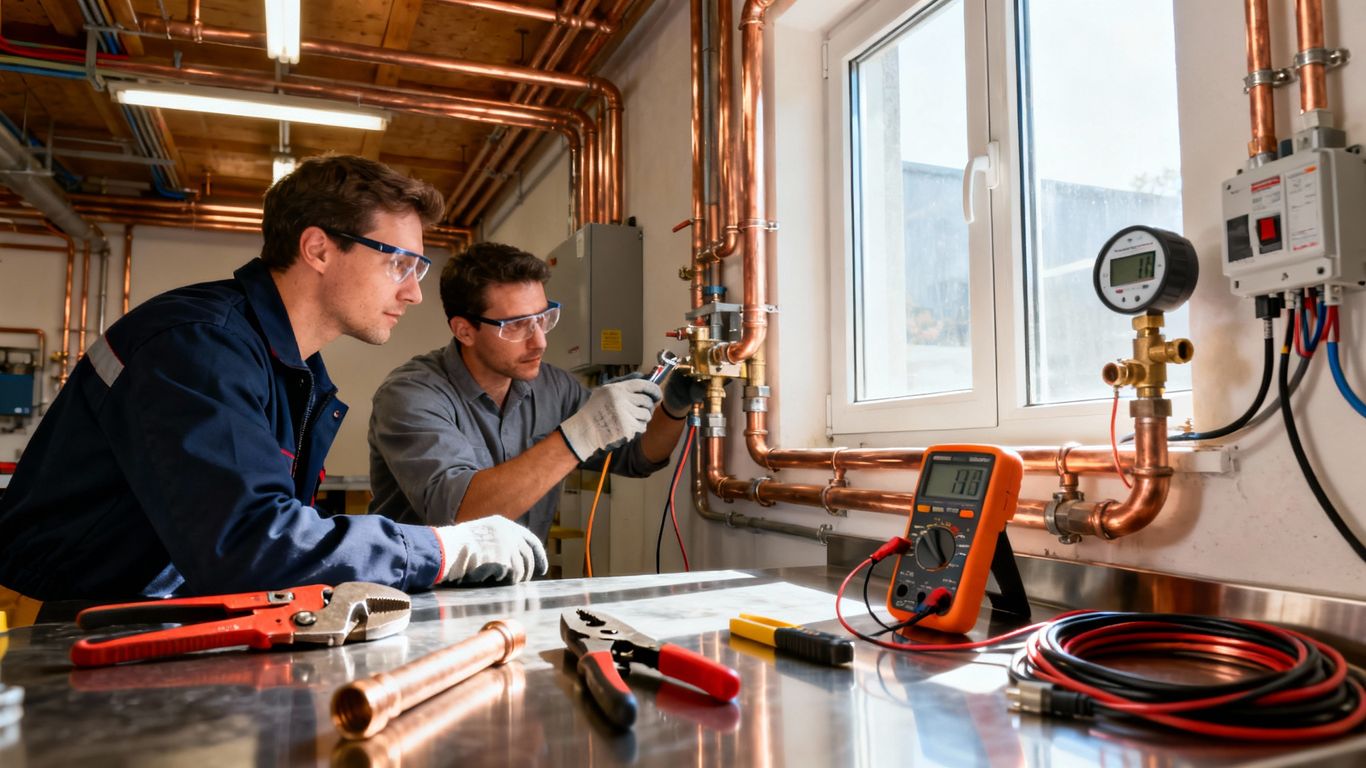 Plumber and electrician working with modern tools.