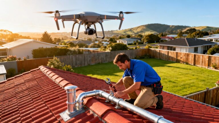 Drone surveying a roof for plumbing leaks in New Zealand.