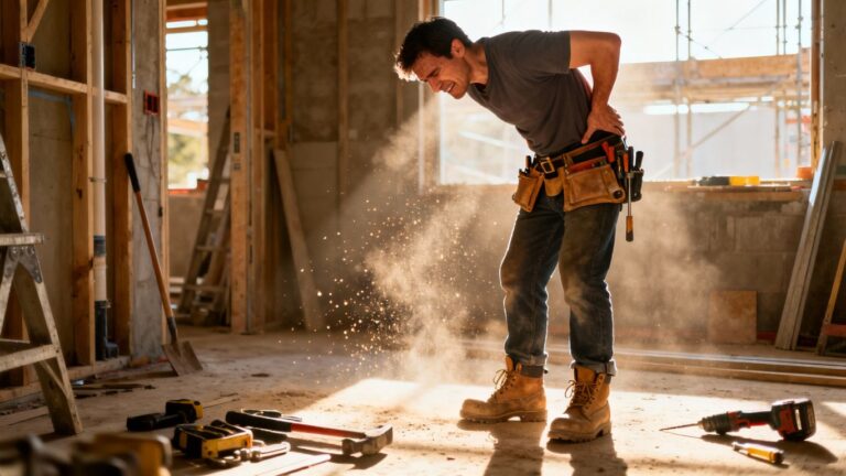 Tradie holding his sore back on a construction site.