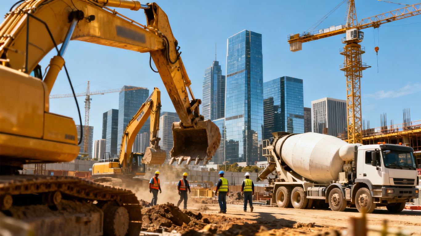 Construction site with machinery and city skyline.