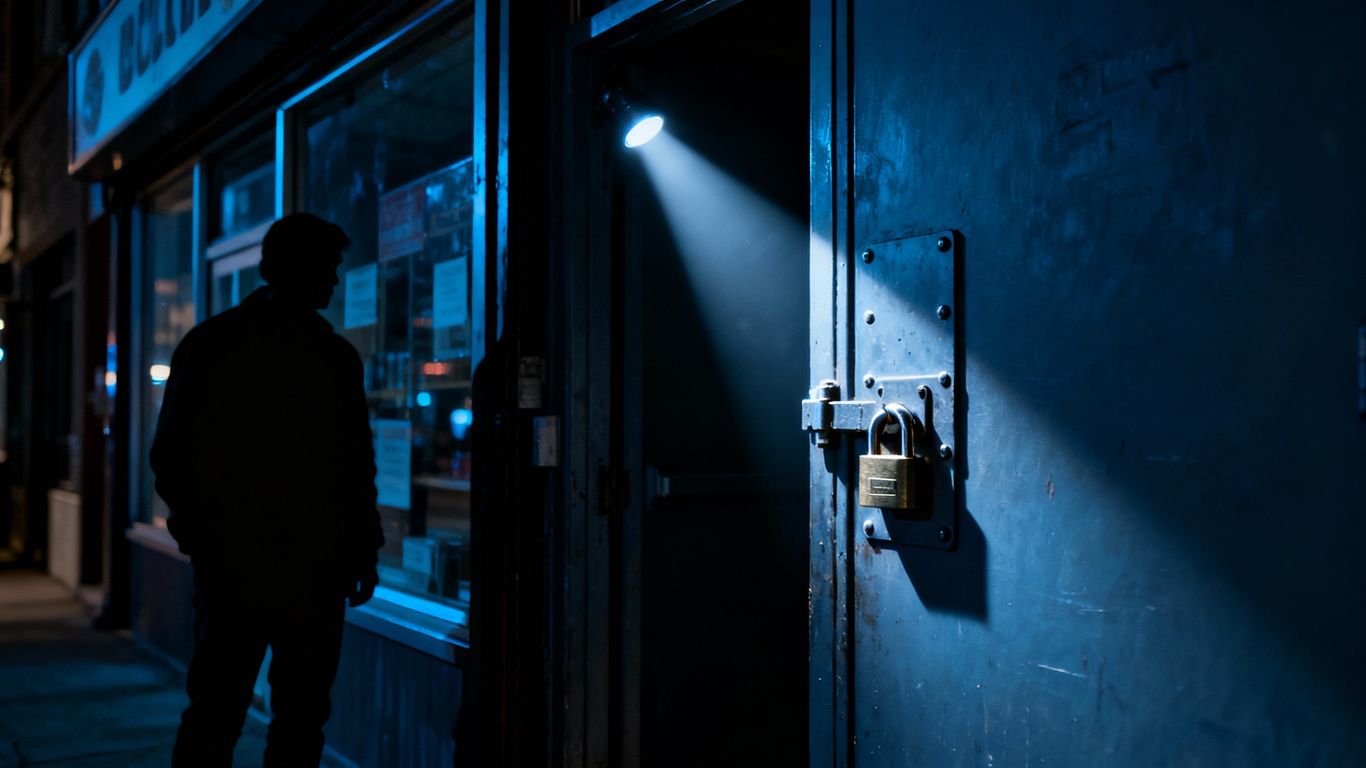 Thief lurking near a reinforced door lock at night.