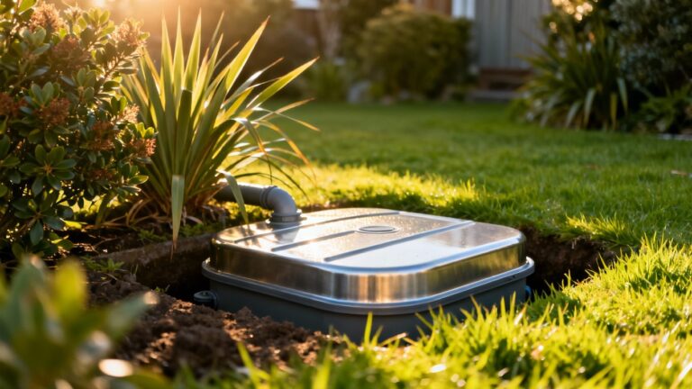 Septic tank system in a green New Zealand garden.