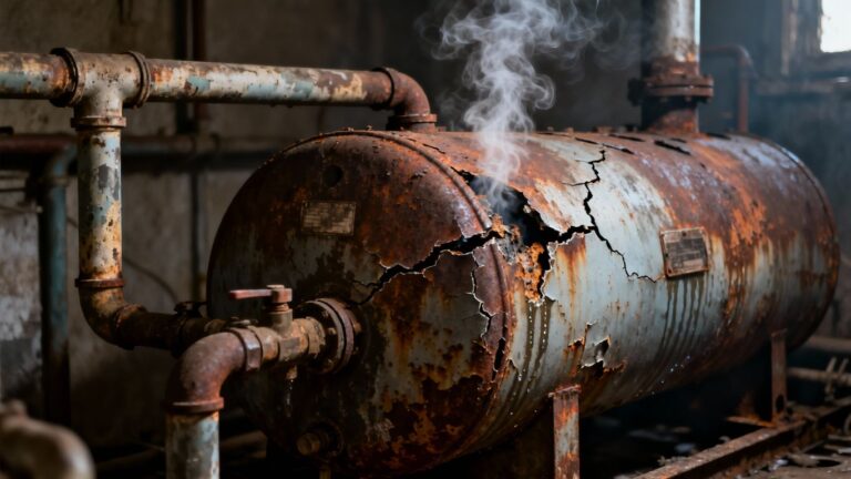 Rusty, leaking hot water cylinder with aged pipes.