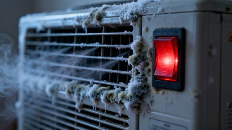 Heat pump with mould and a red warning light.